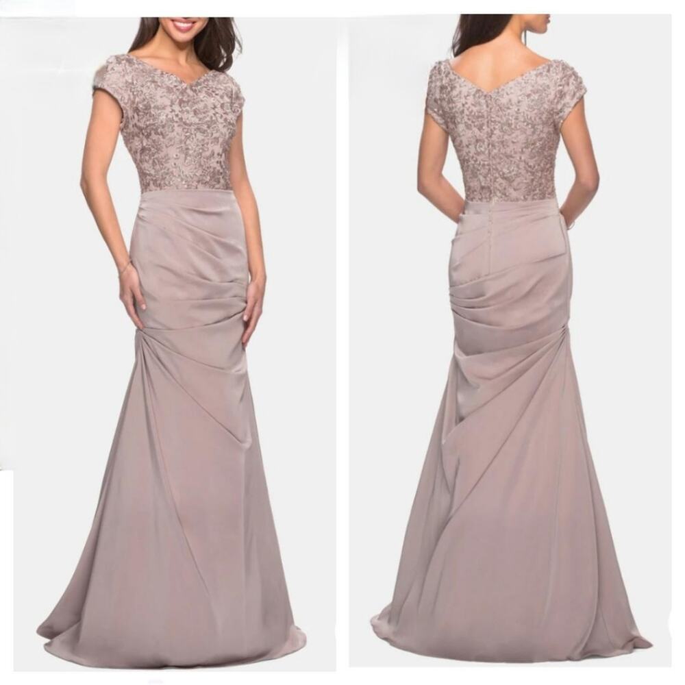 La Femme Short Sleeve Embroidered Embellished Long Jersey Ruched Mermaid Gown